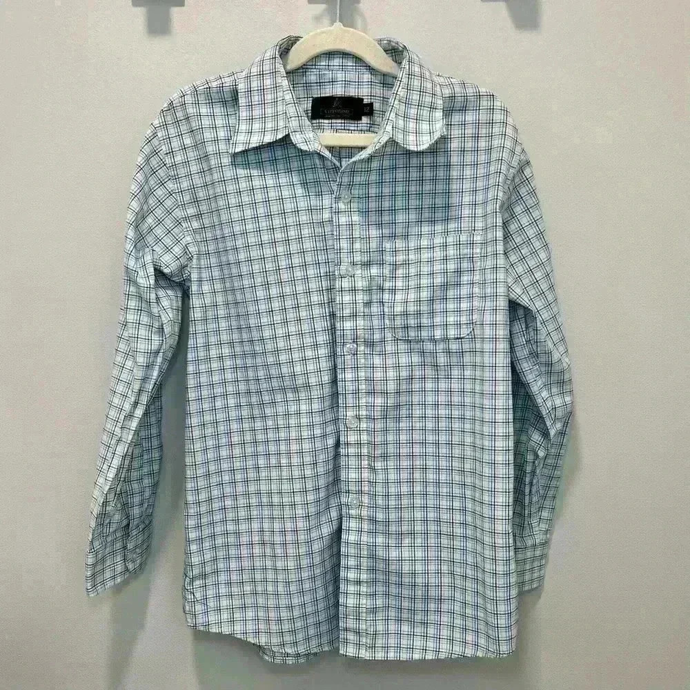 Vittorino Boys Button Up Shirt Size 12 White Blue Green Yellow Checkered Top